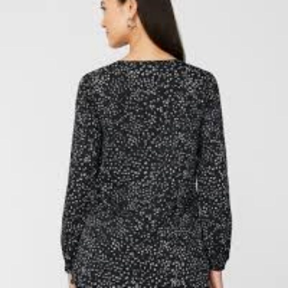 Chico's Black Blouse, White Dots, Gray Embroidered Neckline, Gold Beads,Sz 0,Sml - Picture 10 of 14